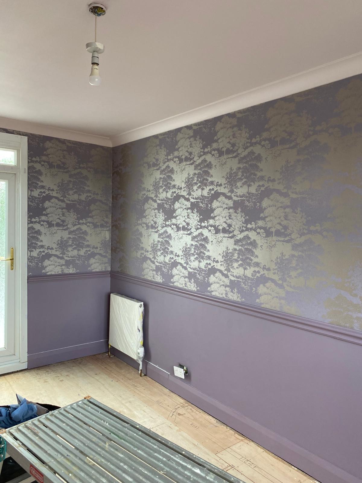 Metallic tree wallpaper installed